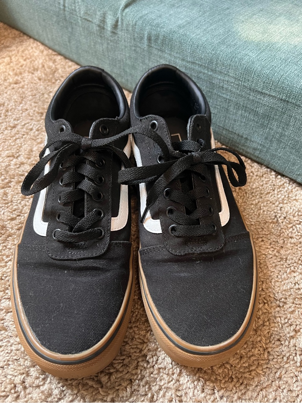 Vans Black Canvas Low-Top Sneakers with White Stripe and Tan Sole
